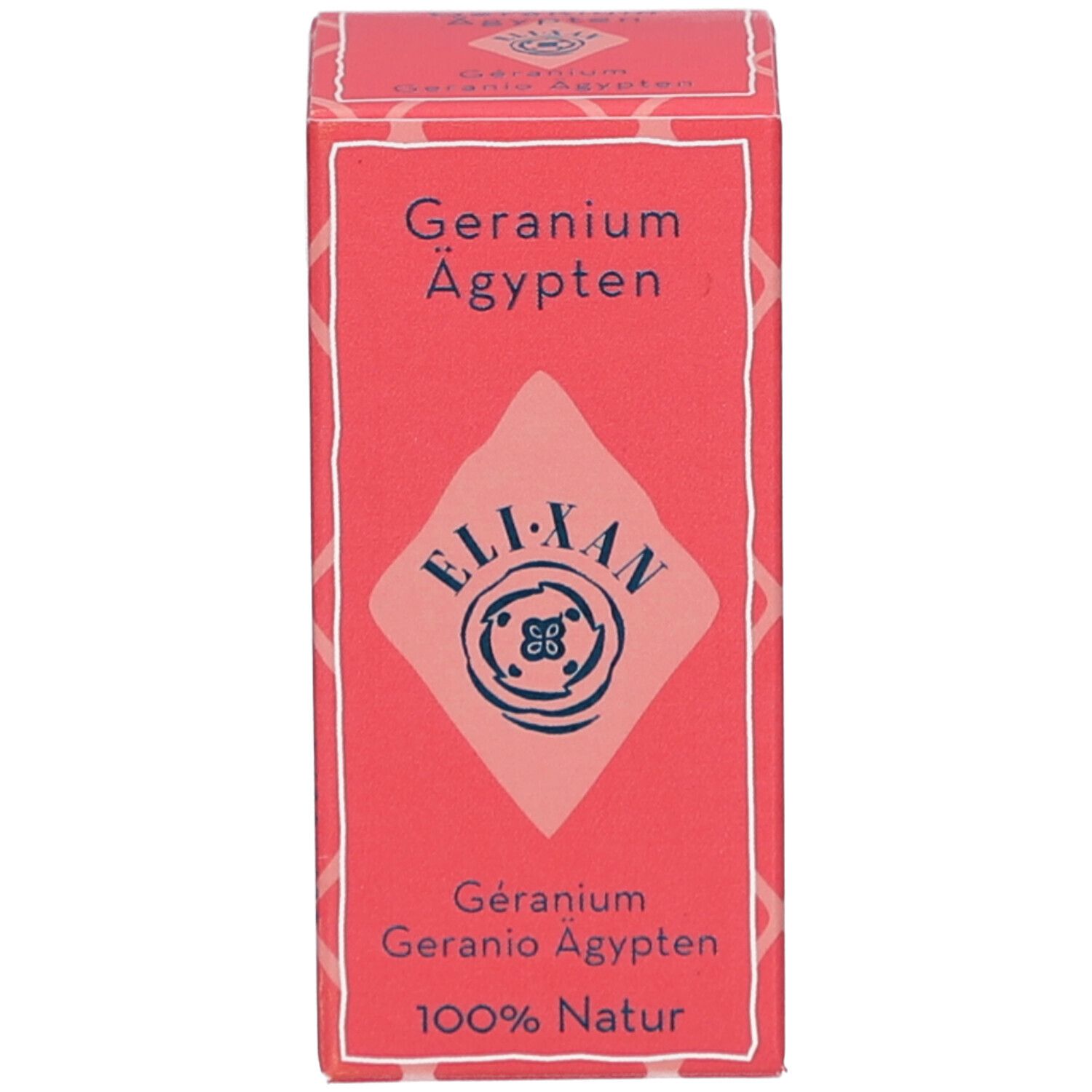 Rechteckige Verpackung. Rotes Design mit Text: Geranium Ägypten, ELIXAN, 100% Natur.