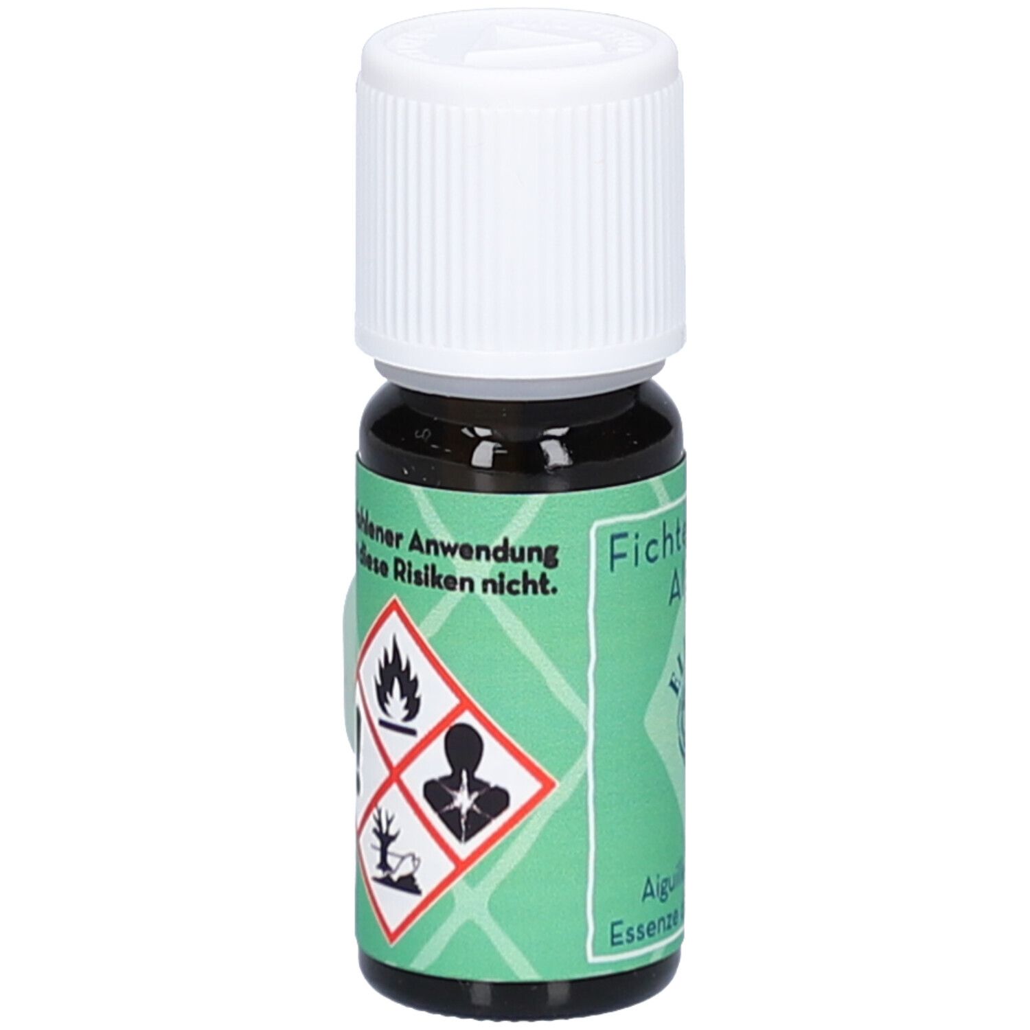 Braune Glasflasche mit weißem Deckel. Etikett mit Gefahrensymbolen. Schweizer Flagge.