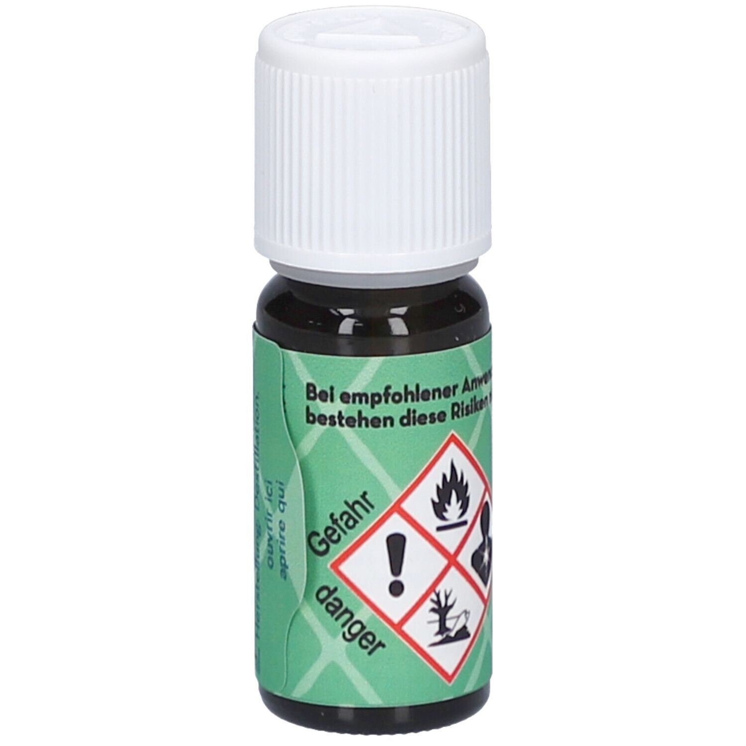 Braune Glasflasche mit weißem Deckel. Etikett mit Gefahrensymbolen und Text. Schweizer Flagge.