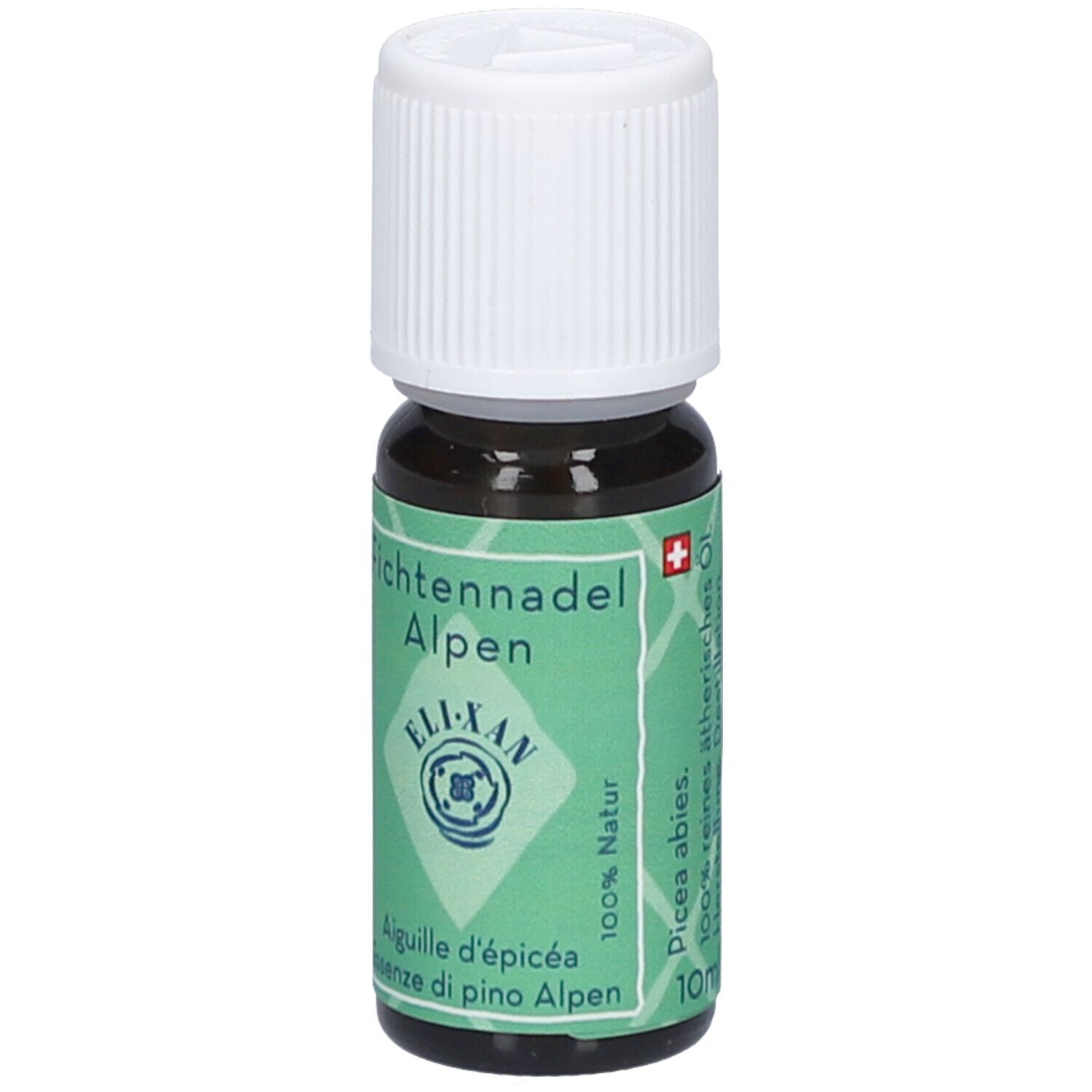 Braune Glasflasche mit weißem Deckel. Etikett mit Produktnamen, Logo und Text. Schweizer Flagge.