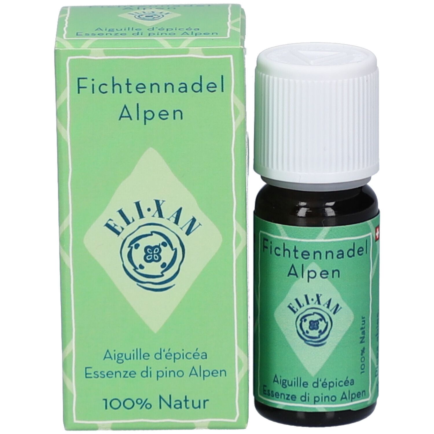 Braune Glasflasche und Verpackung. Etikett mit Produktnamen, Logo und Text. Schweizer Flagge.