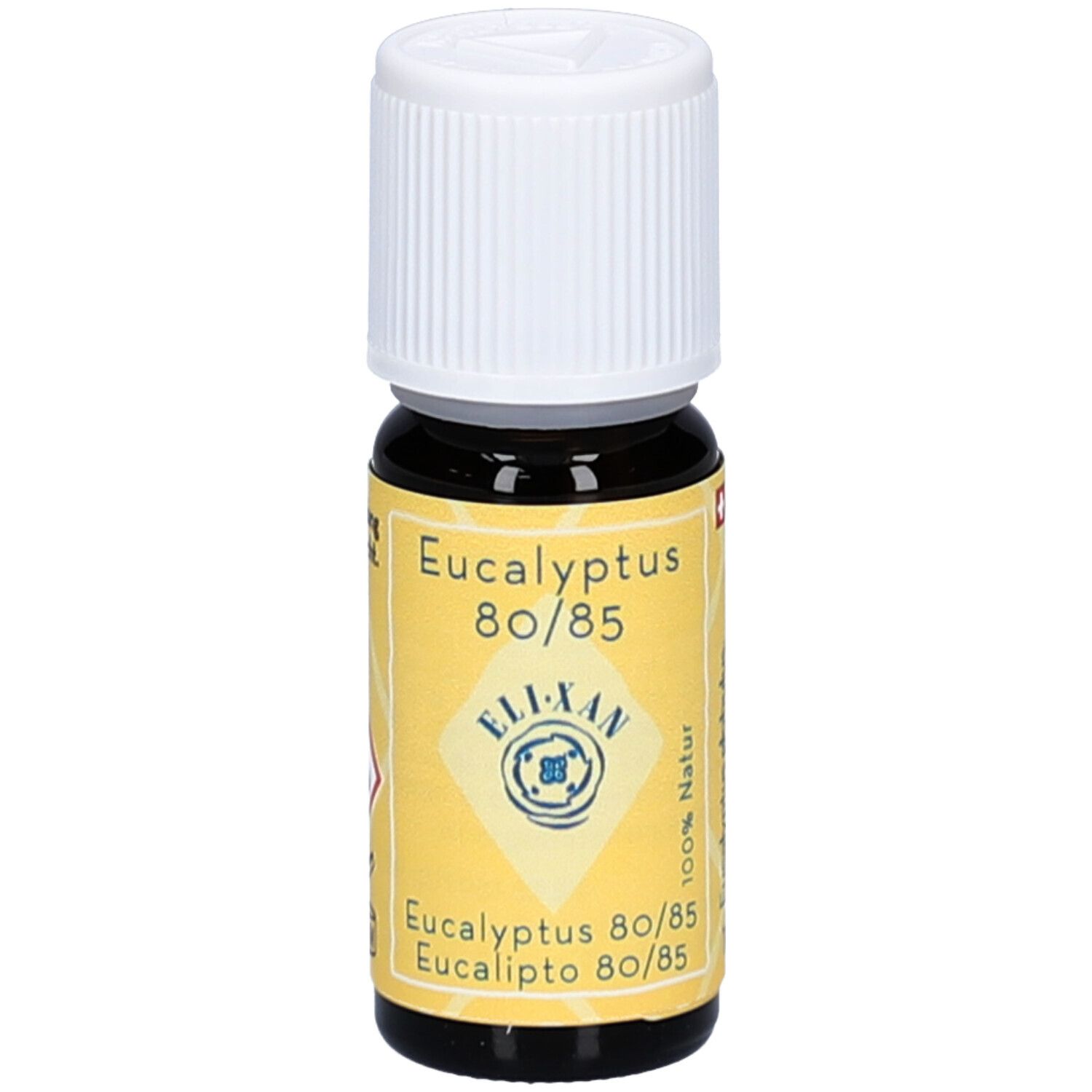 Braune Glasflasche mit weißem Deckel. Gelbes Etikett mit Text: Eucalyptus 80/85, ELIXAN, 100% Natur.