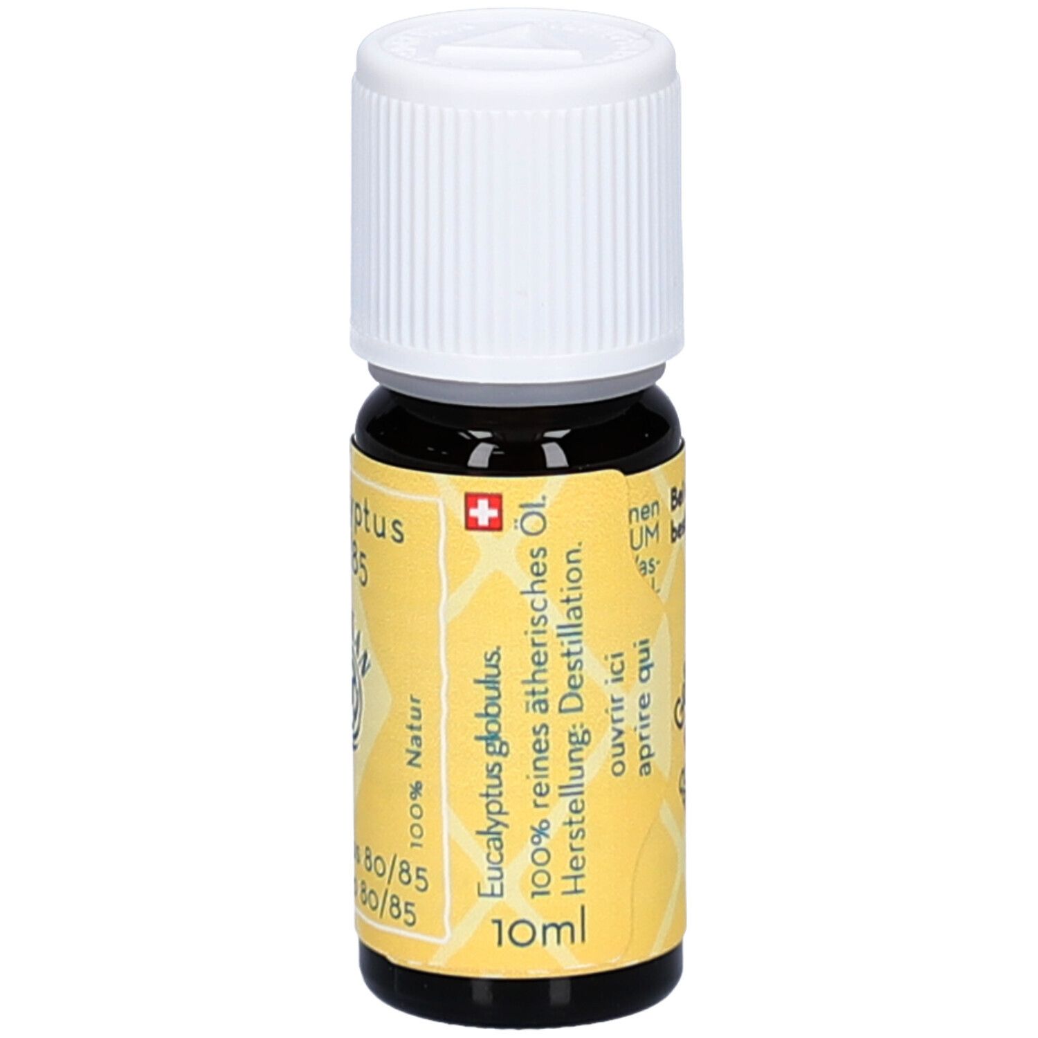 Braune Glasflasche mit weißem Deckel. Gelbes Etikett mit Text: Eucalyptus globulus, 100% reines ätherisches Öl, 10ml.