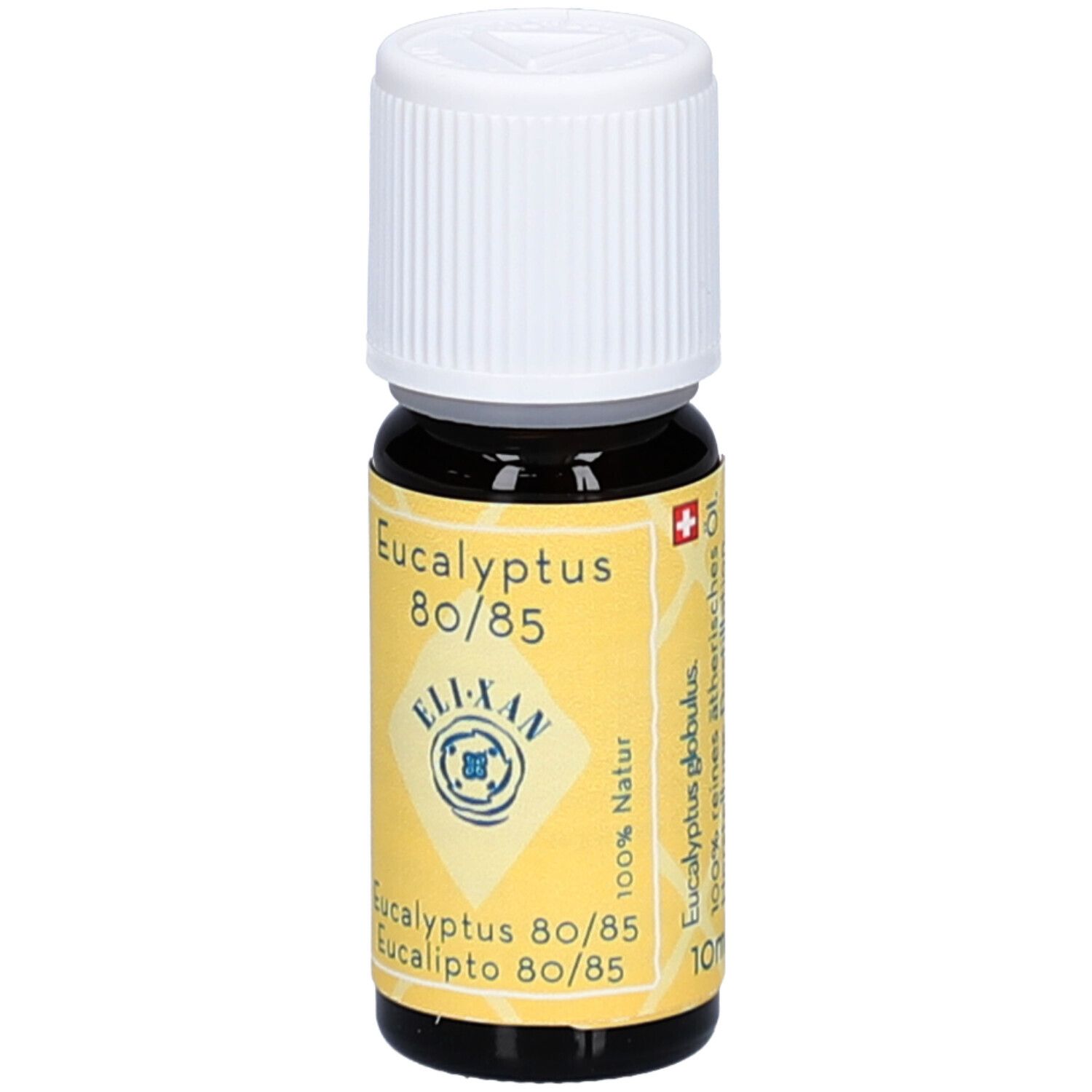 Braune Glasflasche mit weißem Deckel. Gelbes Etikett mit Text: Eucalyptus 80/85, ELIXAN, 100% Natur.