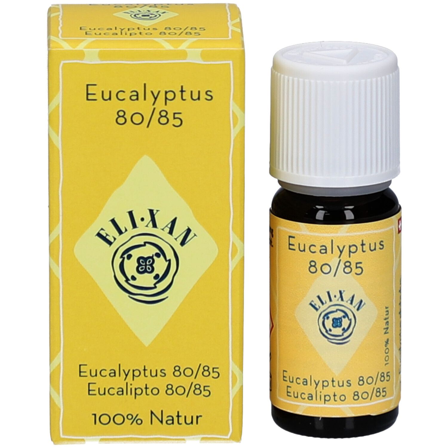 Braune Glasflasche und Schachtel. Auf der Schachtel und Flasche: Eucalyptus 80/85, ELIXAN, 100% Natur.