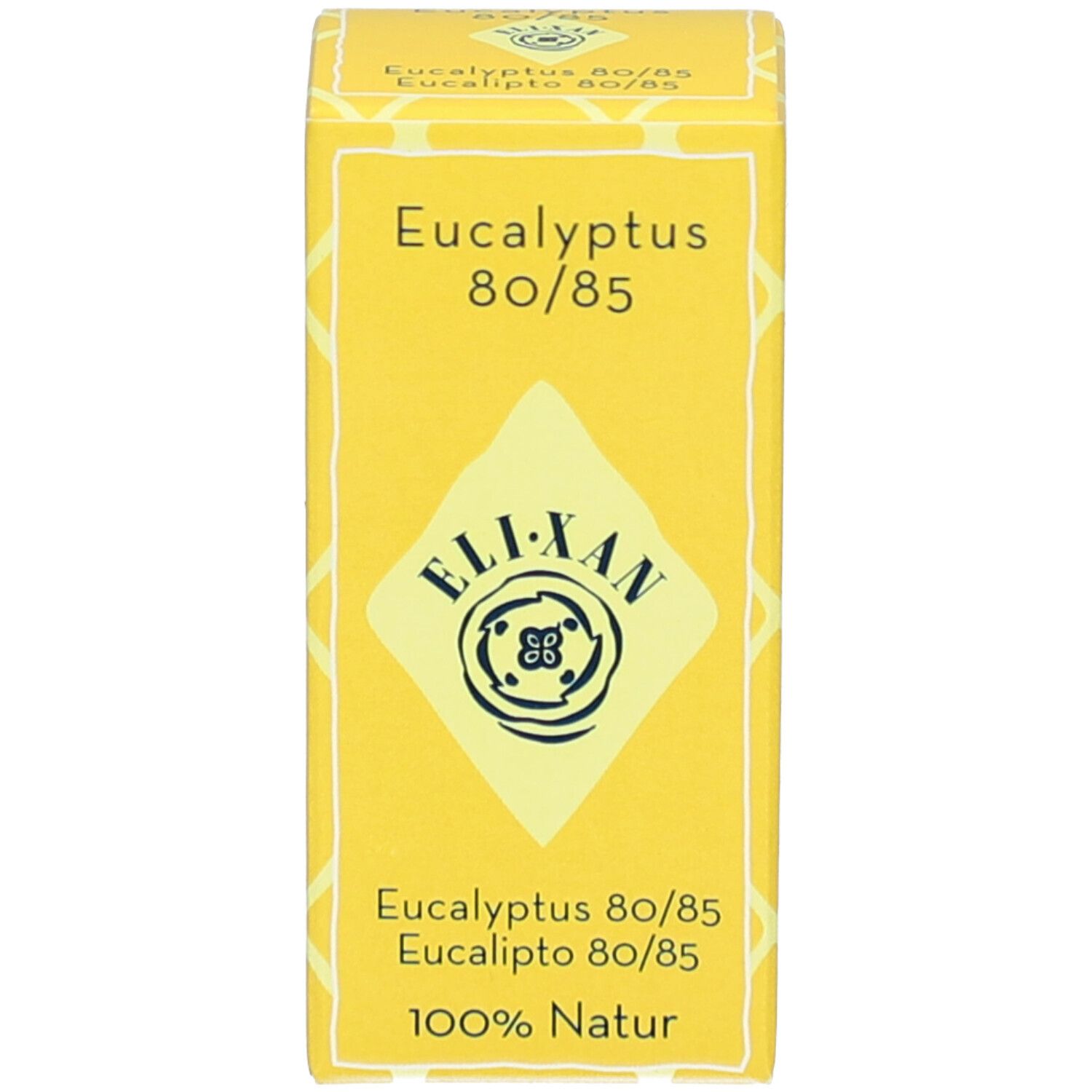 Gelbe Schachtel mit Text: Eucalyptus 80/85, ELIXAN, 100% Natur.