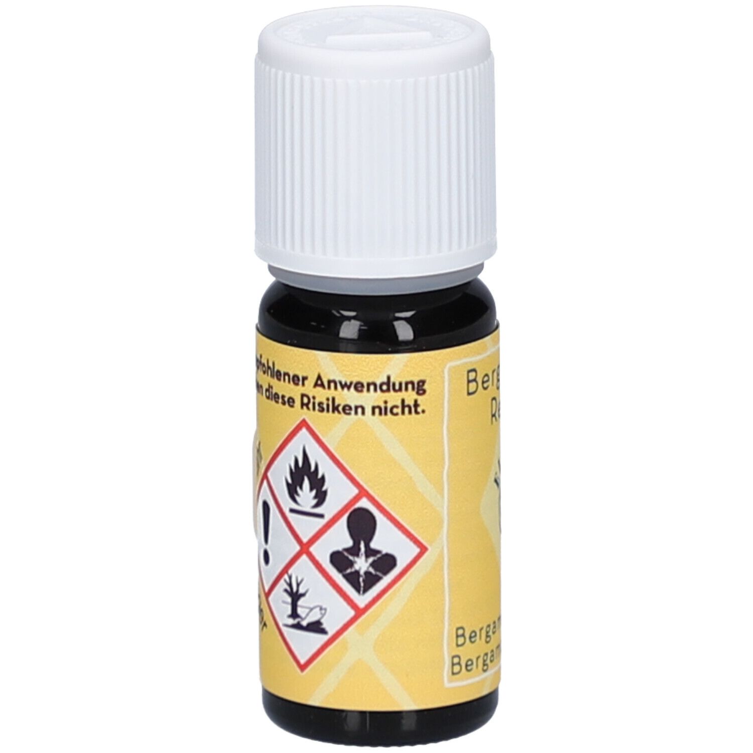 Flacon en verre brun avec bouchon blanc. Étiquette avec symboles de danger : flamme, point d'exclamation, personne, arbre.