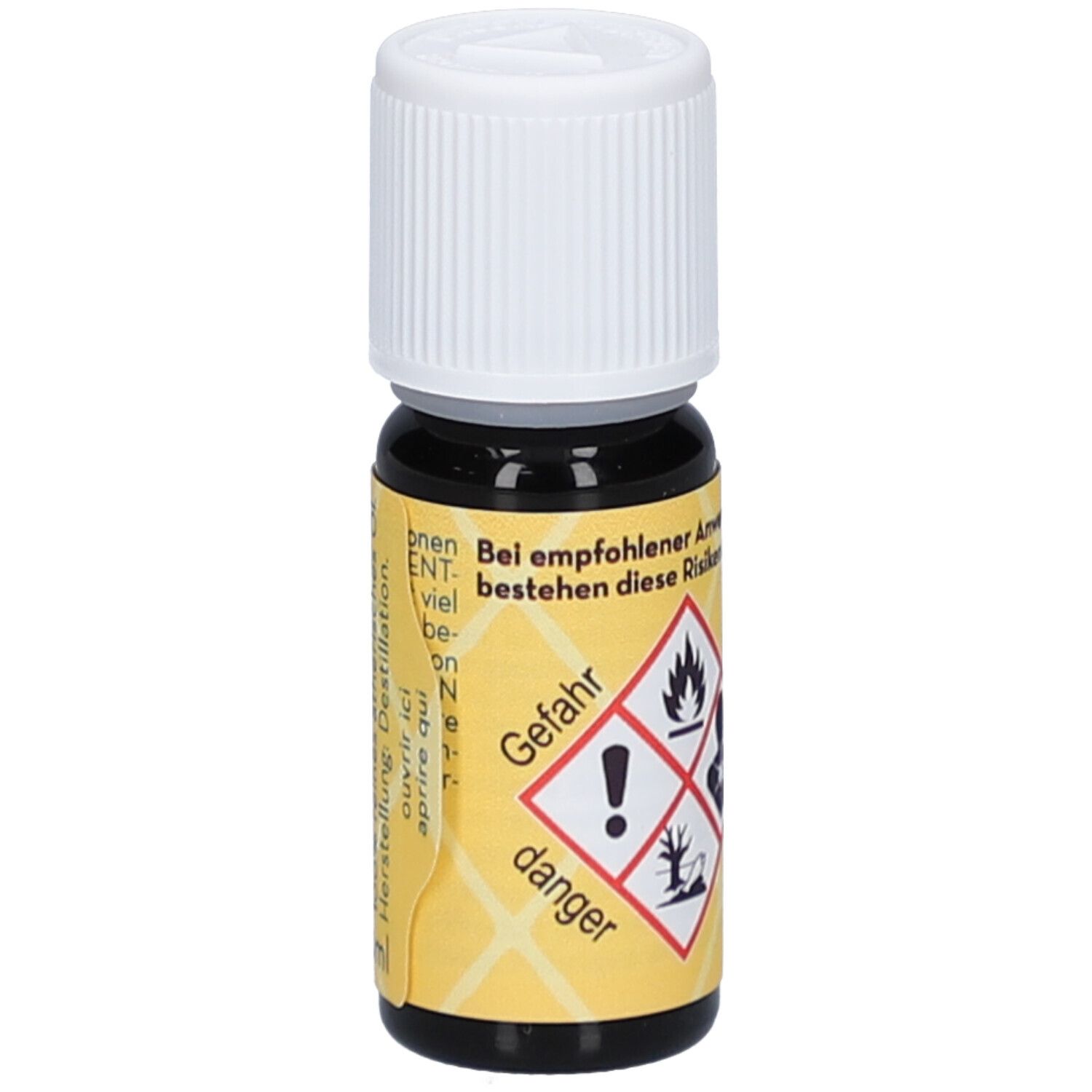 Flacon en verre brun avec bouchon blanc. Étiquette avec symboles de danger : flamme, point d'exclamation, personne, arbre.