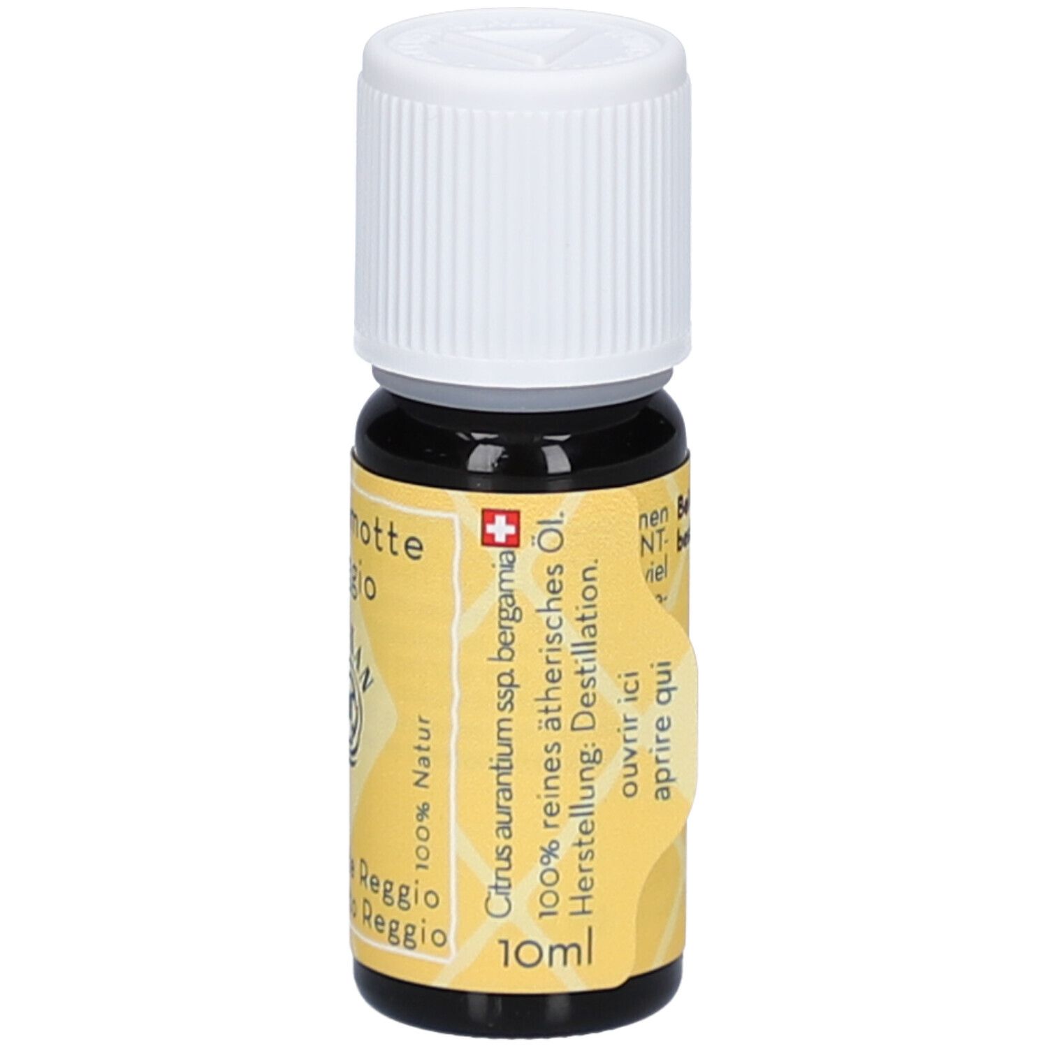 Flacon en verre brun avec bouchon blanc. Étiquette avec nom du produit, marque ELIXAN, 10ml et croix suisse.