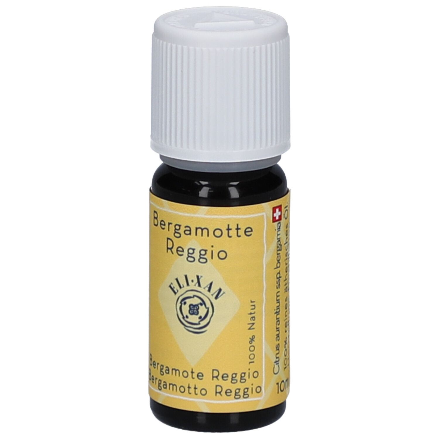 Flacon en verre brun avec bouchon blanc. Étiquette avec nom du produit, marque ELIXAN et 100% naturel.