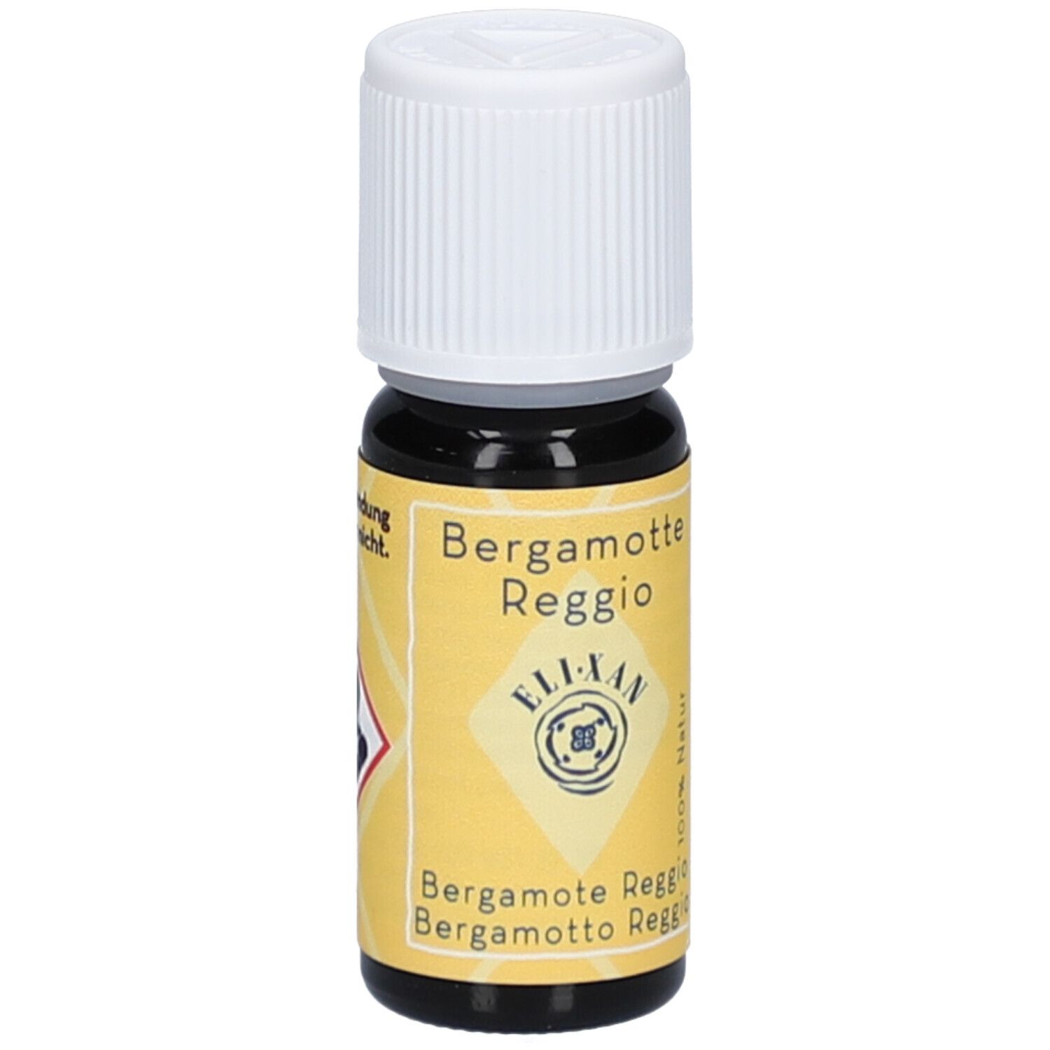 Flacon en verre brun avec bouchon blanc. Étiquette avec nom du produit, marque ELIXAN et symboles de danger.