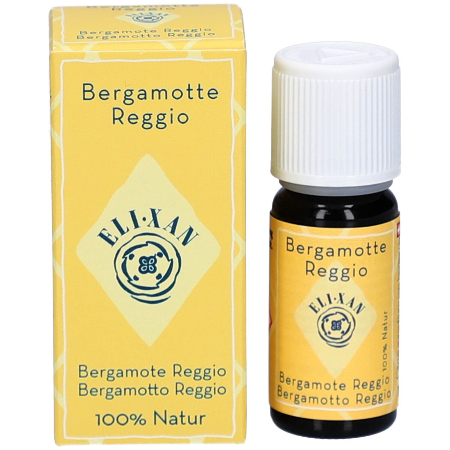 Flacon et boîte. Flacon avec bouchon blanc, étiquette. Boîte avec nom du produit et marque ELIXAN.