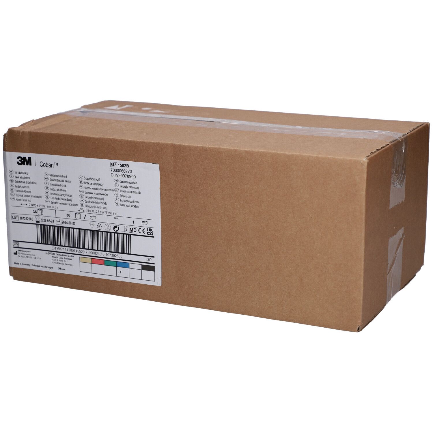 Braune Kartonverpackung mit 3M Coban-Etikett. Aufkleber mit Produktinformationen und Barcode.