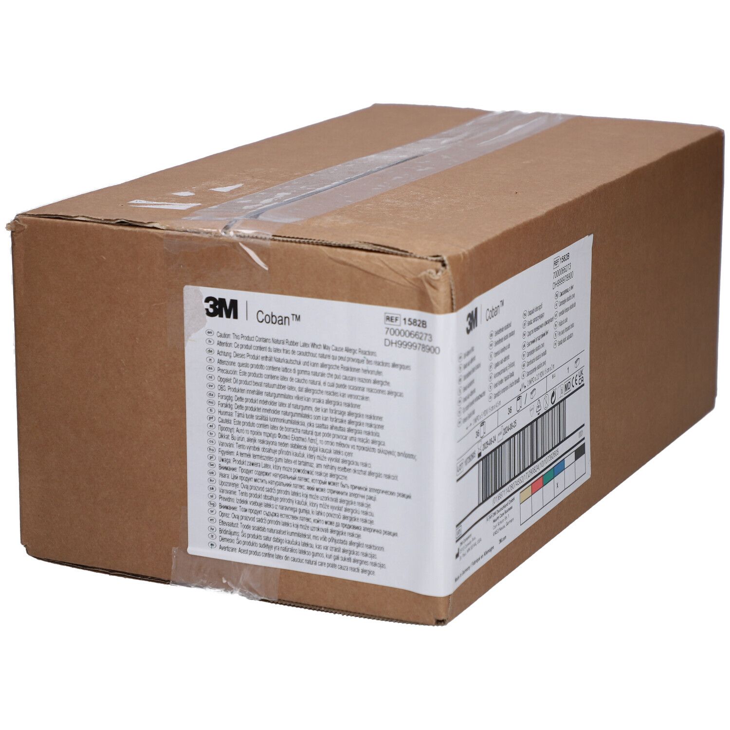 Kartonverpackung mit 3M Coban-Etikett. Produktinformationen und Barcode auf dem Etikett.