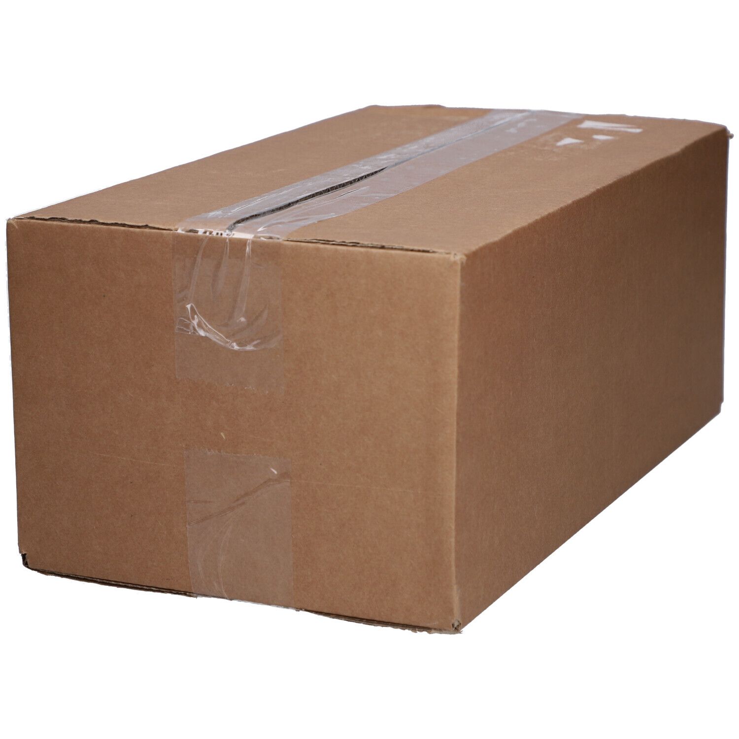 Braune Kartonverpackung, mit transparentem Klebeband versiegelt. Keine Produktinformationen sichtbar.