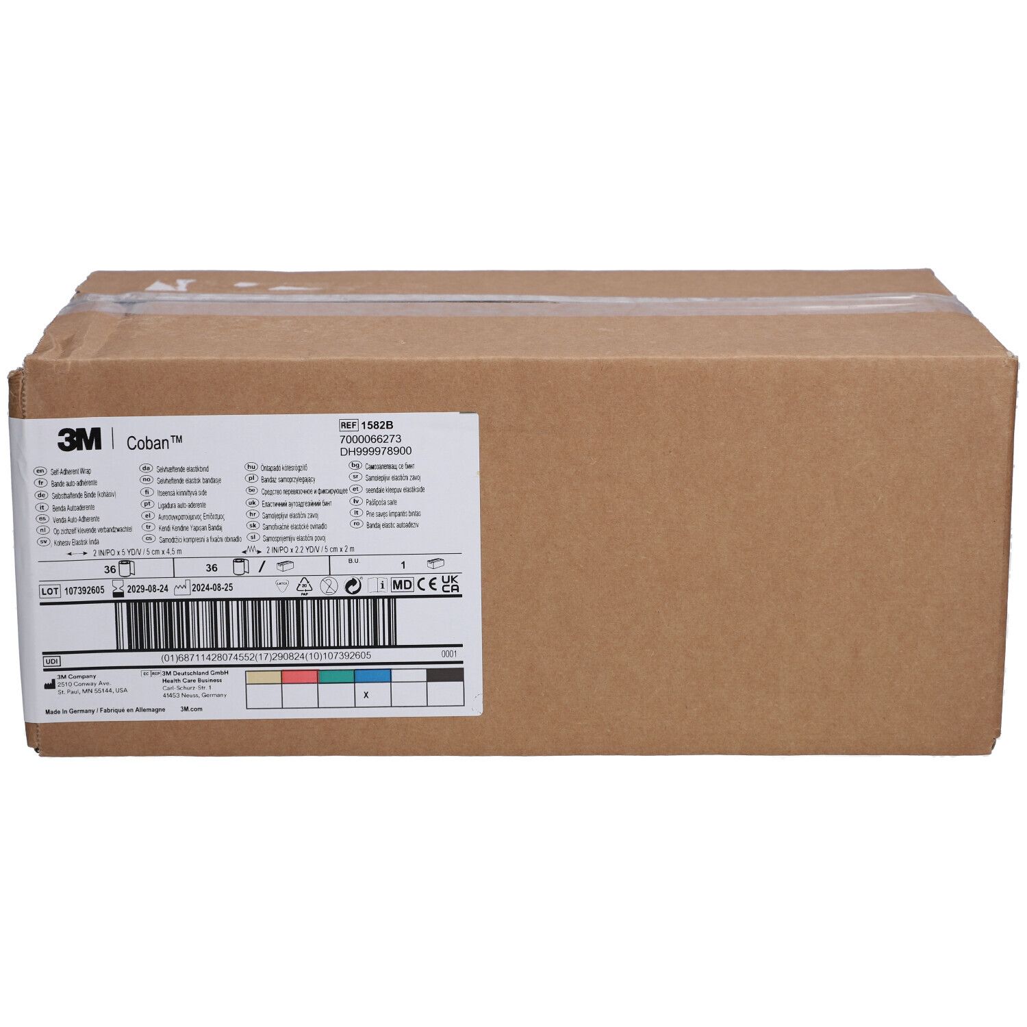 Kartonverpackung mit 3M Coban-Etikett. Produktinformationen und Barcode auf dem Etikett.