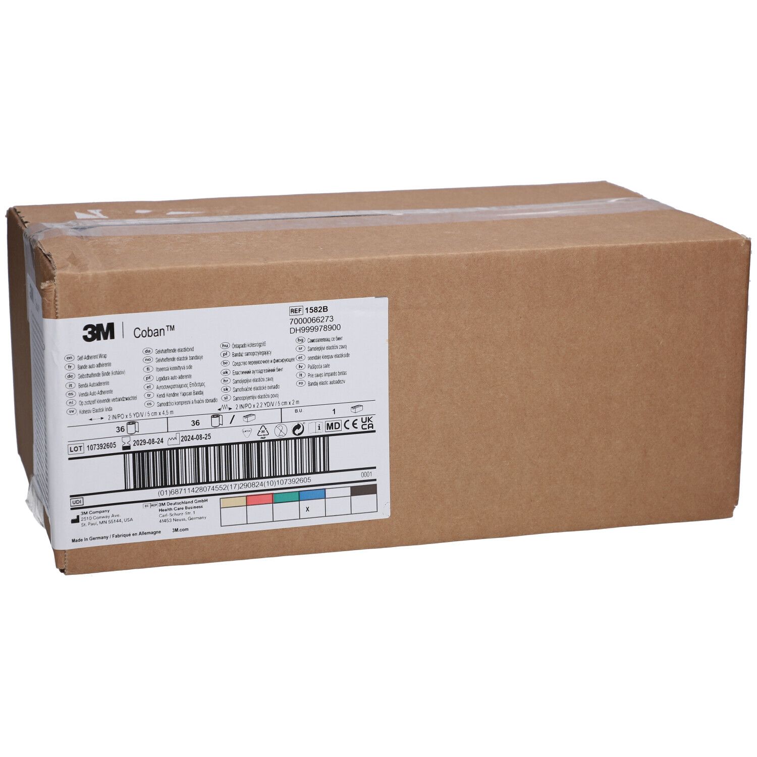 Kartonverpackung mit 3M Coban-Etikett. Produktinformationen und Barcode auf dem Etikett.