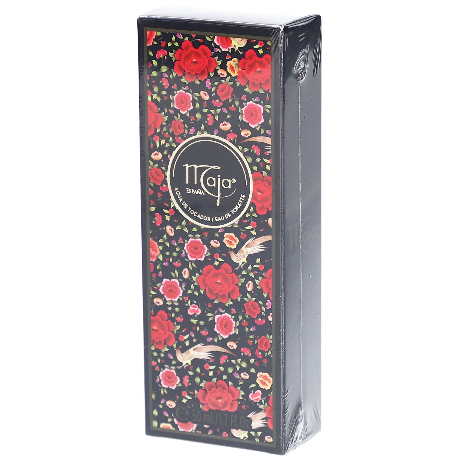 Schwarze Verpackung mit Blumenmuster und Logo. Aufschrift: Maja. In Folie verpackt.