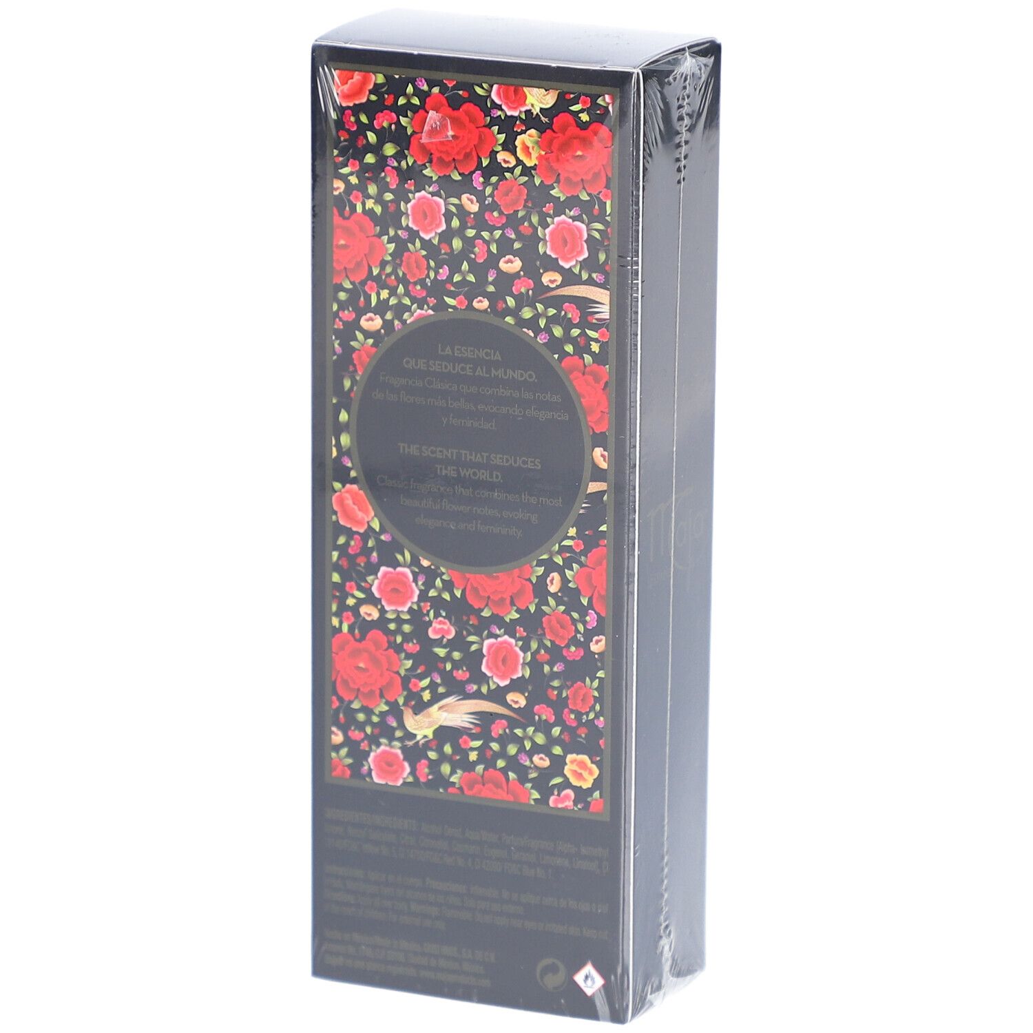 Schwarze Verpackung mit Blumenmuster und Text. In Folie verpackt. Text: La Belleza Seduce al Mundo.