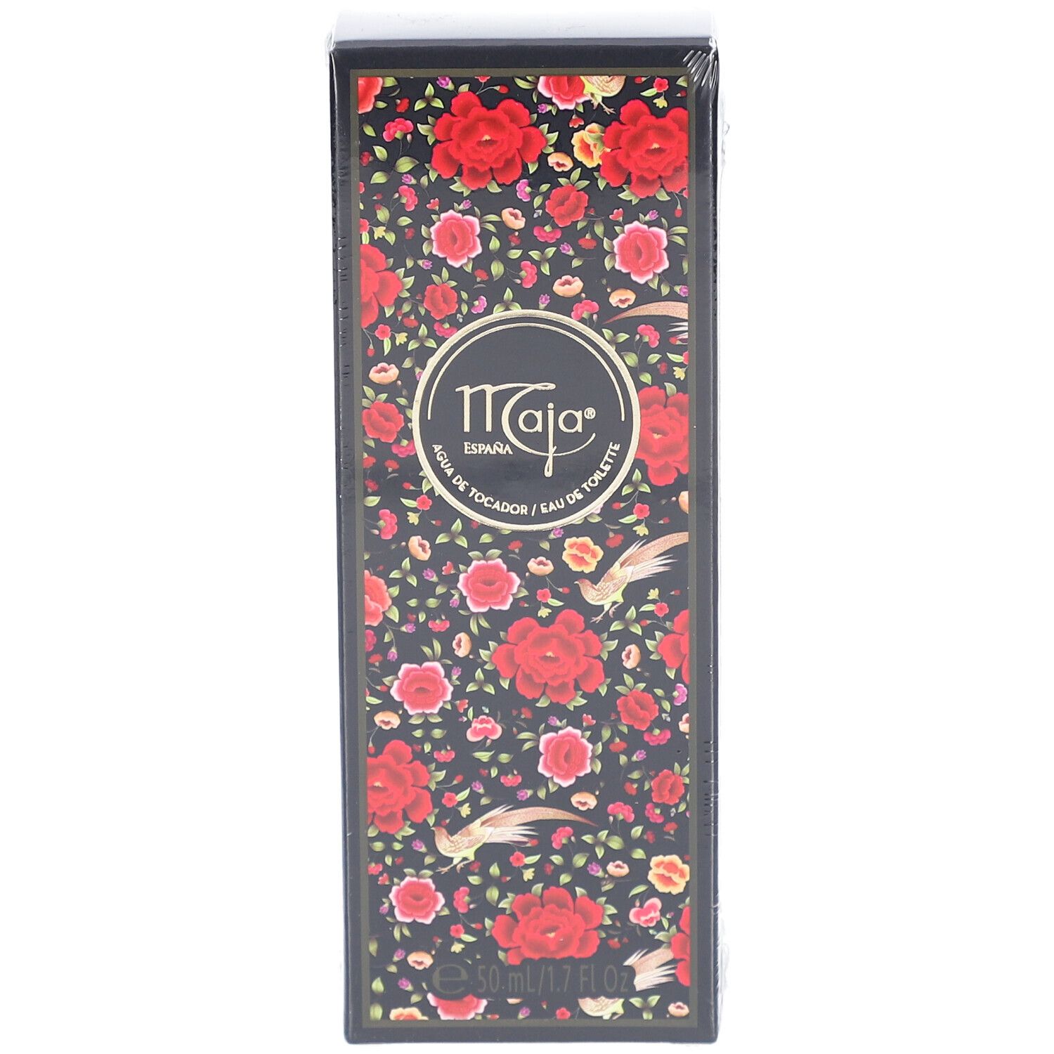 Schwarze Verpackung mit Blumenmuster und Logo Maja. Aufschrift: Agua de Tocador. 50 ml.