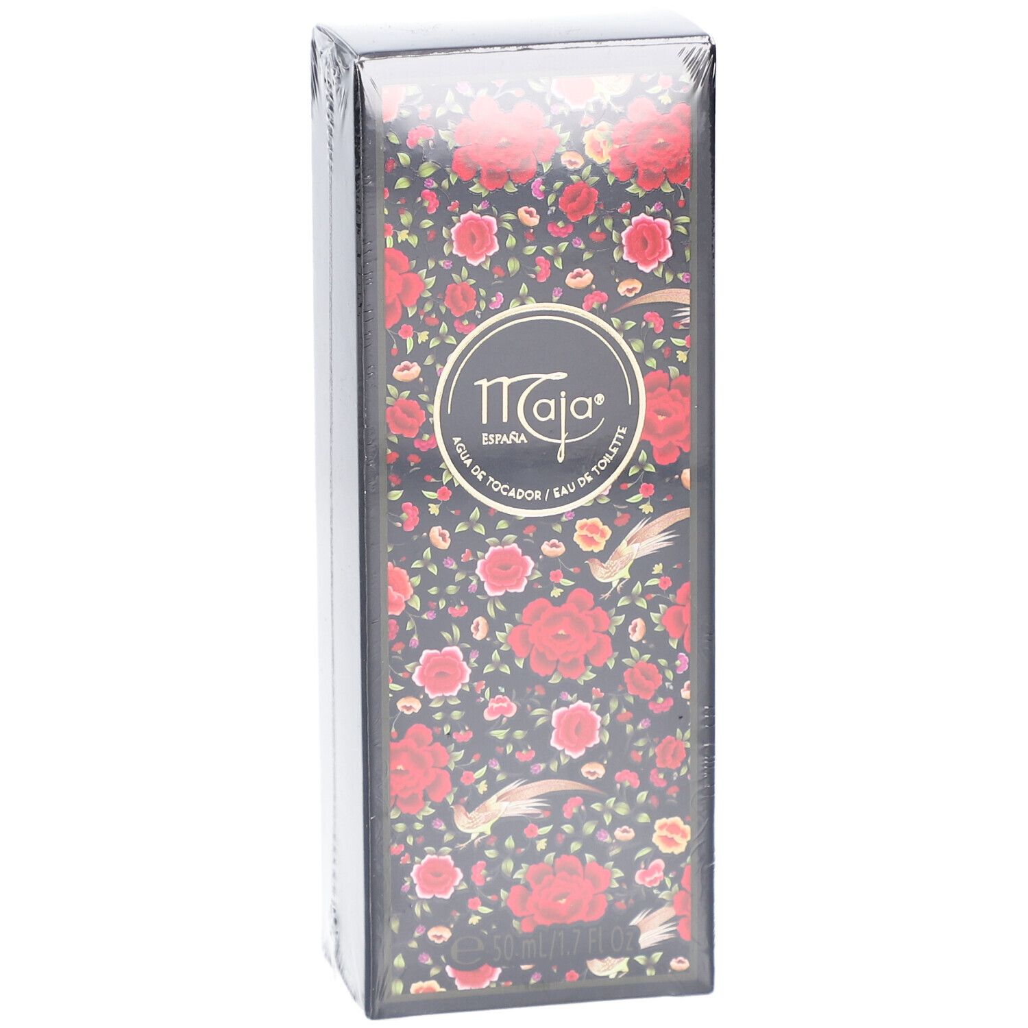 Schwarze Verpackung mit Blumenmuster und Logo Maja. In Folie verpackt.