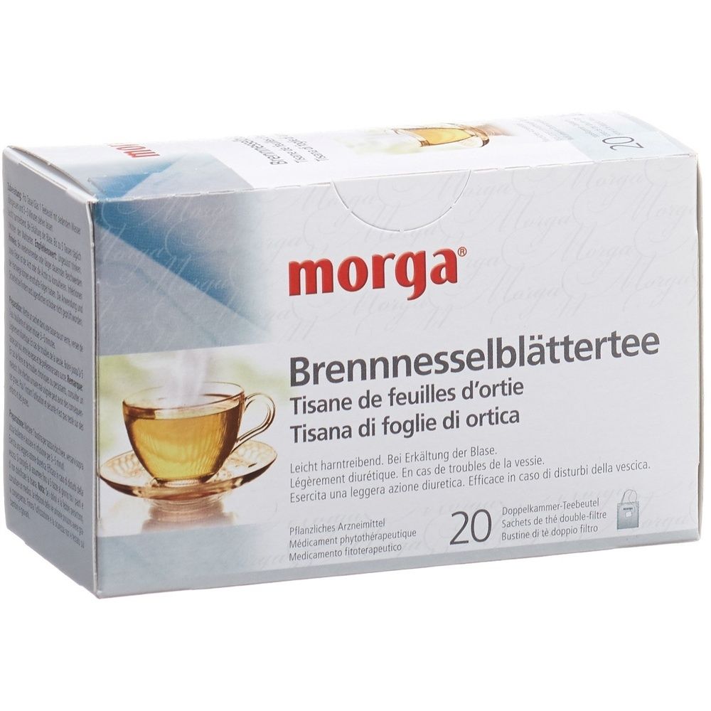 Boîte de thé MORGA aux feuilles d'ortie. Inscription du nom du produit, des ingrédients et de 20 sachets. Illustration d'une tasse de thé.