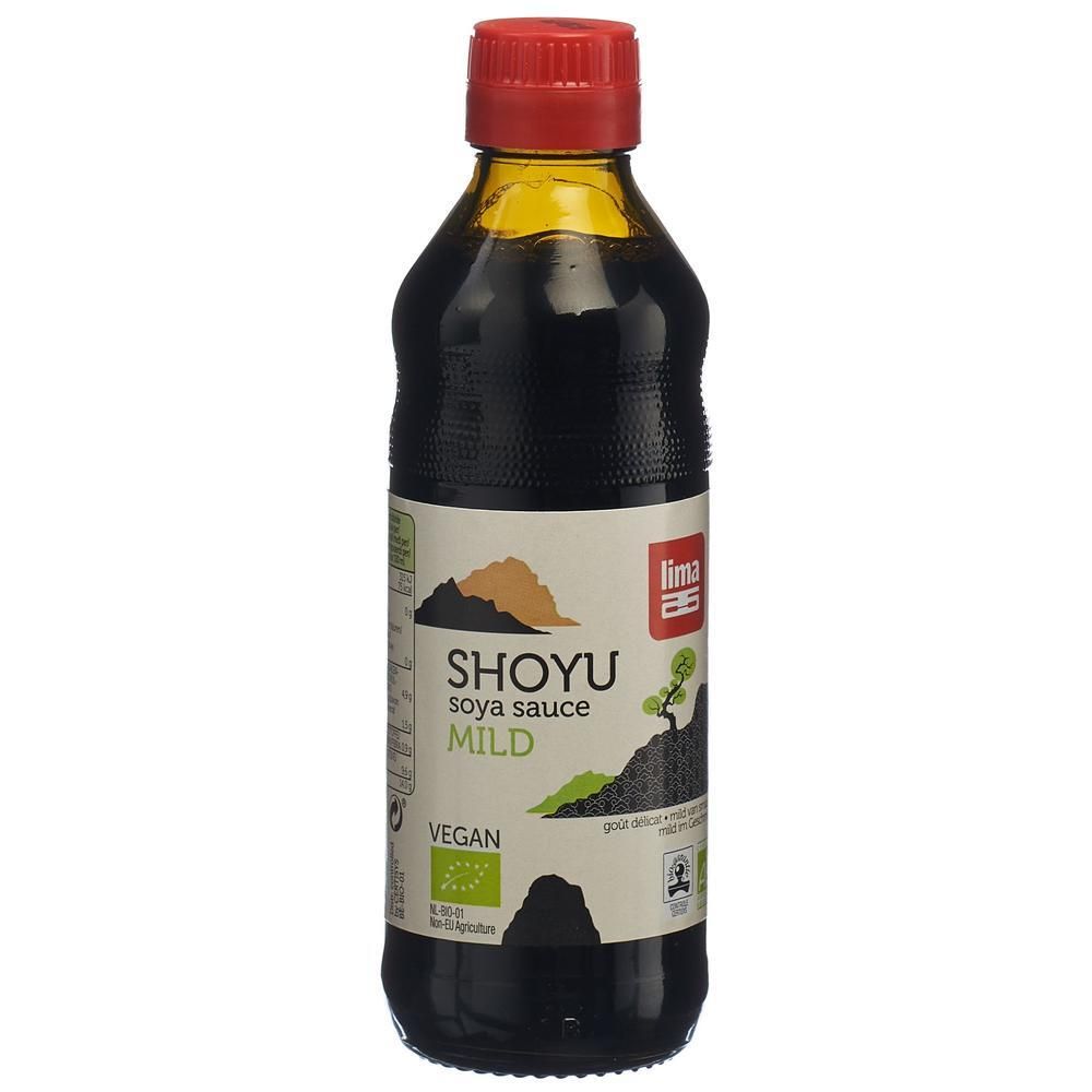 Bouteille en verre avec bouchon rouge. Étiquette avec Shoyu, sauce soja, mild, vegan. Label bio.
