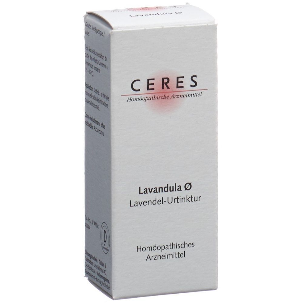 Weiße rechteckige Schachtel mit CERES-Logo und Produktbezeichnung Lavandula Ø Lavendel-Urtinktur. Homöopathisches Arzneimittel.