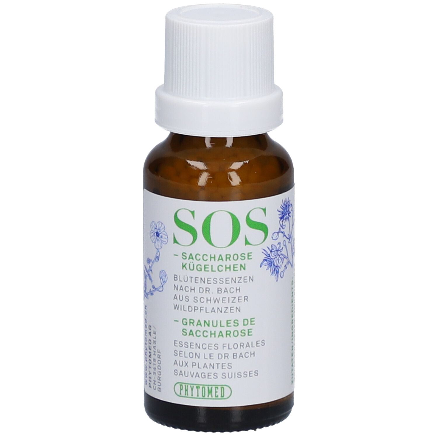 Braune Glasflasche mit weißem Deckel. Etikett mit grünem Text: SOS Saccharose Kügelchen, Blütenessenzen, Granules de Saccharose. Phytomed Logo.