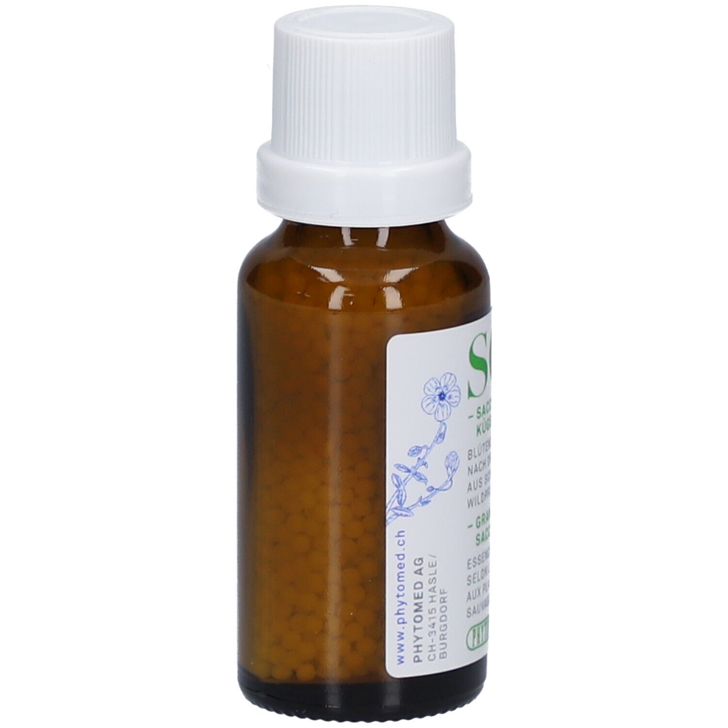 Braune Glasflasche mit weißem Deckel. Etikett mit Text und www.phytomed.ch. Enthält kleine, gelbliche Kügelchen.