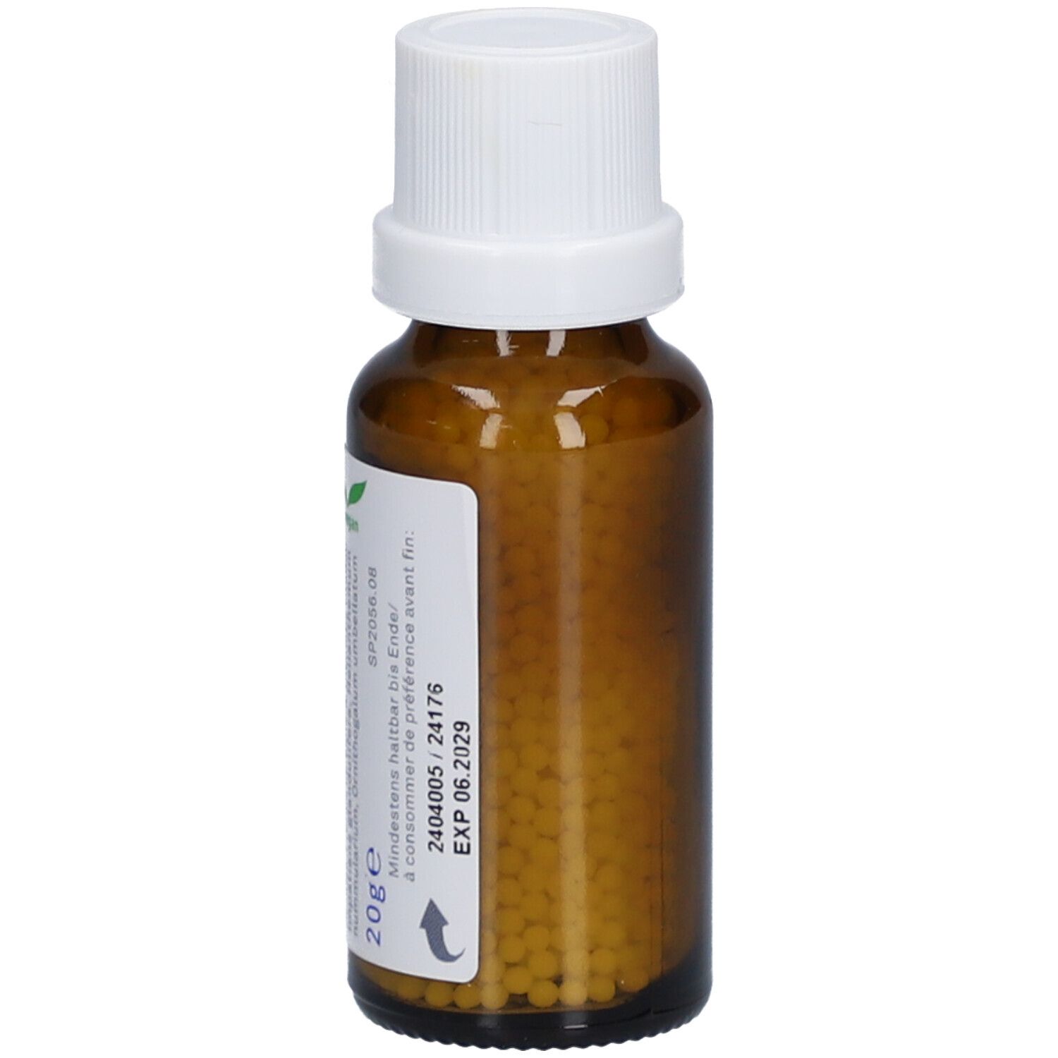 Braune Glasflasche mit weißem Deckel. Etikett mit Text, 20g und Mindesthaltbarkeitsdatum. Enthält kleine, gelbliche Kügelchen.