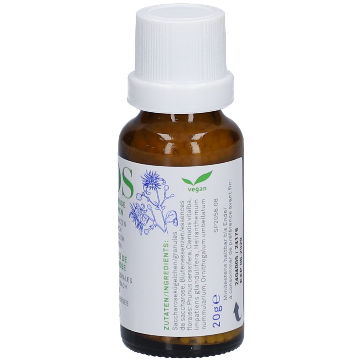 Braune Glasflasche mit weißem Deckel. Etikett mit Text, 20g und Vegan-Siegel. Enthält kleine, gelbliche Kügelchen.