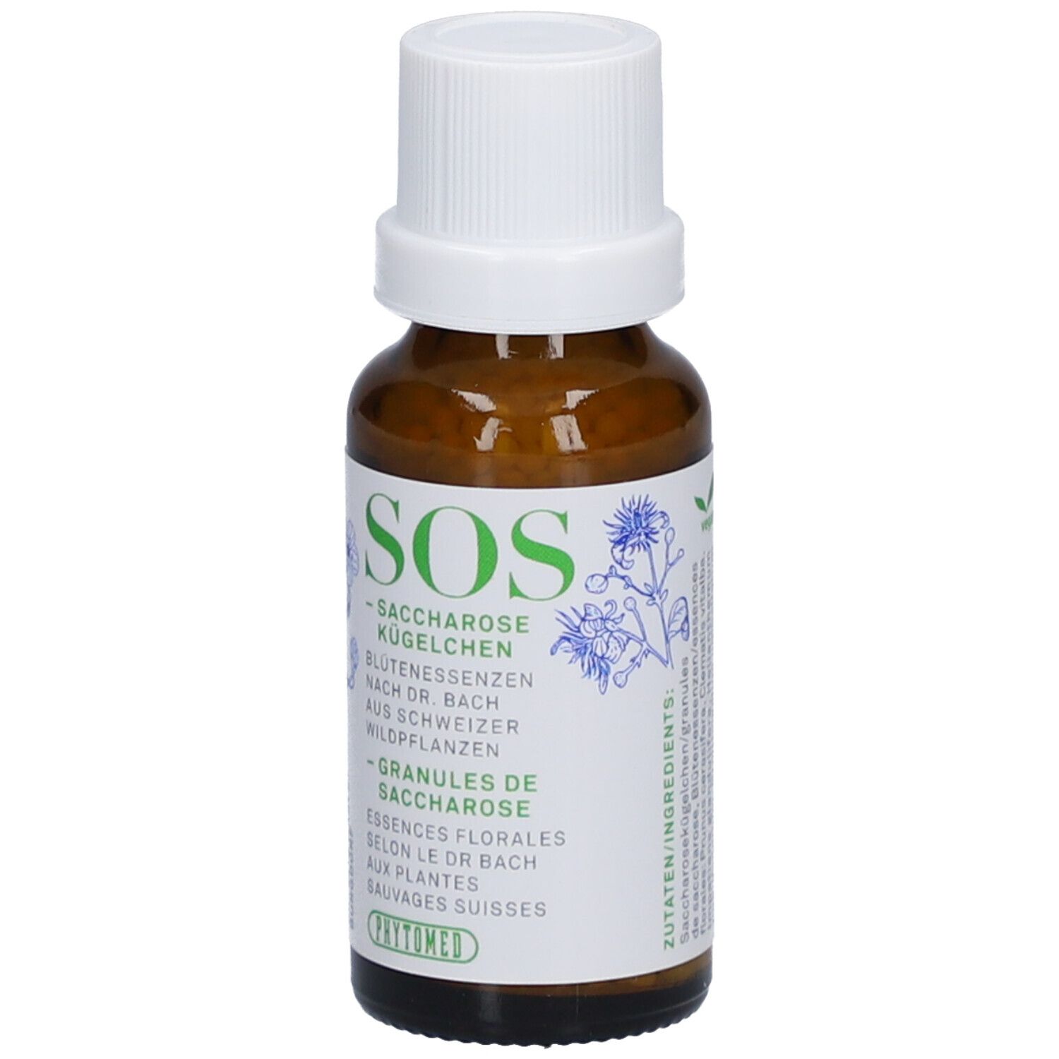 Braune Glasflasche mit weißem Deckel. Etikett mit grünem Text: SOS Saccharose Kügelchen, Blütenessenzen, Granules de Saccharose. Phytomed Logo.