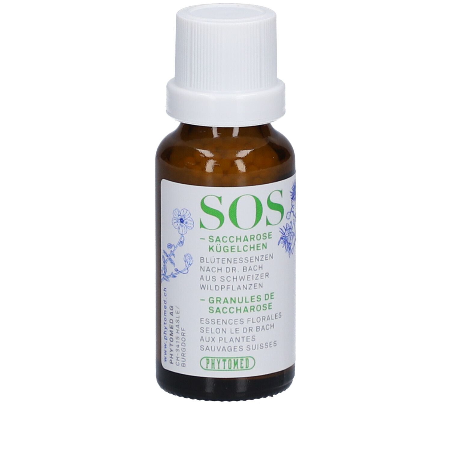 Braune Glasflasche mit weißem Deckel. Etikett mit grünem Text: SOS Saccharose Kügelchen, Blütenessenzen, Granules de Saccharose. Phytomed Logo.