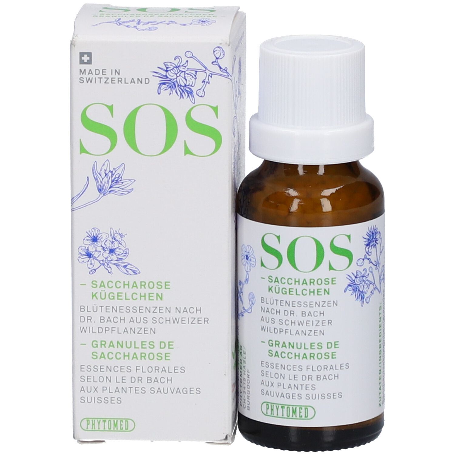 Braune Glasflasche mit weißem Deckel und Karton. Karton mit grünem Text: SOS Saccharose Kügelchen. Phytomed Logo. Made in Switzerland.