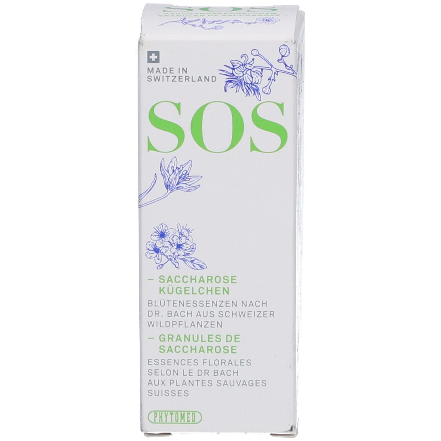 Karton mit grünem Text: SOS Saccharose Kügelchen, Blütenessenzen, Granules de Saccharose. Phytomed Logo. Made in Switzerland.