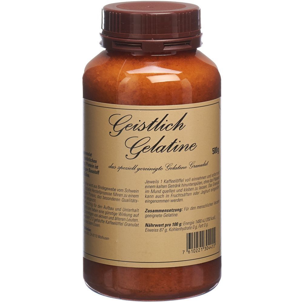 Braune Flasche mit braunem Deckel. Aufkleber mit Produktname: Geistlich Gelatine. Text und Nährwertangaben.