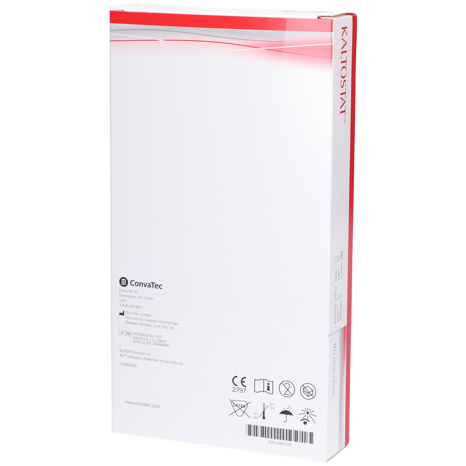 Dos de l'emballage du produit. Informations du fabricant et symboles. Emballage blanc avec des accents rouges.