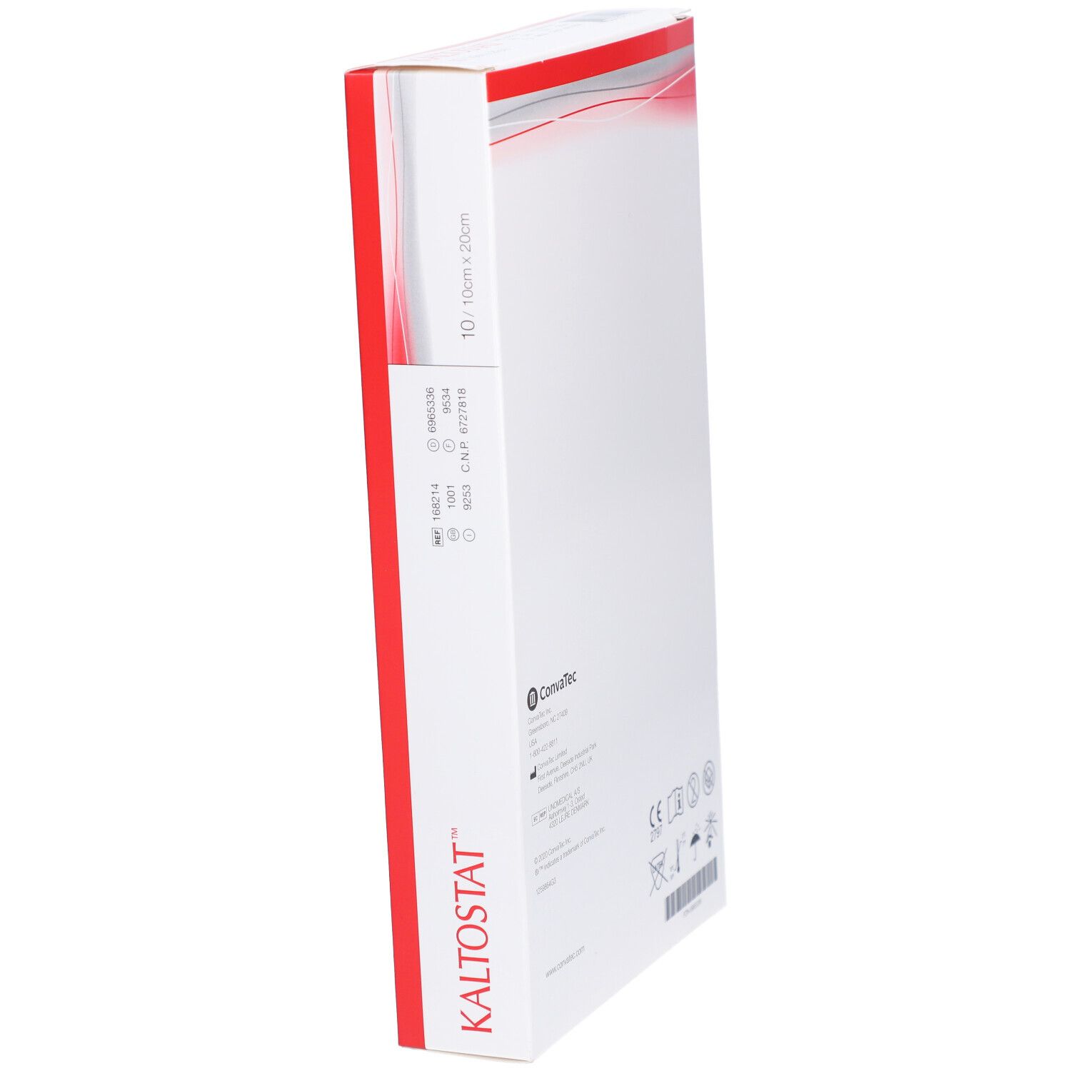 Emballage du produit, vue latérale. Nom du produit et taille : 10cm x 20cm. Emballage blanc avec des accents rouges.