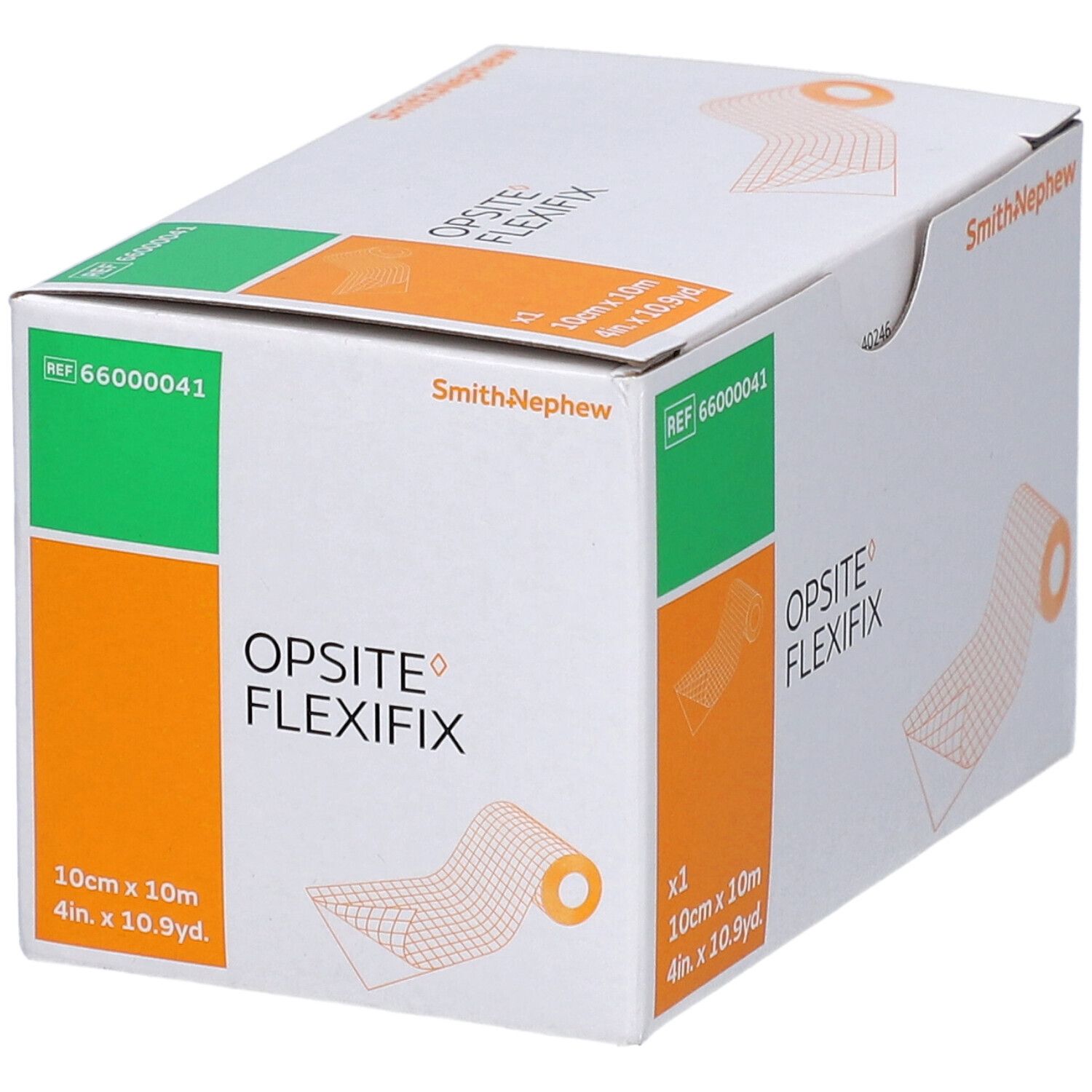 Emballage OPSITE FLEXIFIX. Inscription: 10cm x 10m, Smith+Nephew. Boîte avec illustration et zones vertes/oranges.