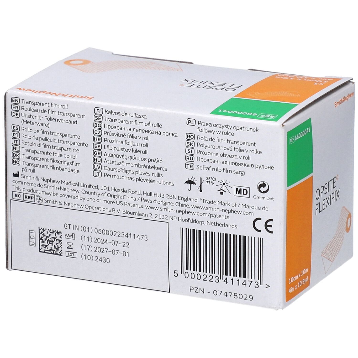 Dos de l'emballage OPSITE FLEXIFIX. Texte multilingue. Logo Smith+Nephew. Marquage CE et symbole MD.