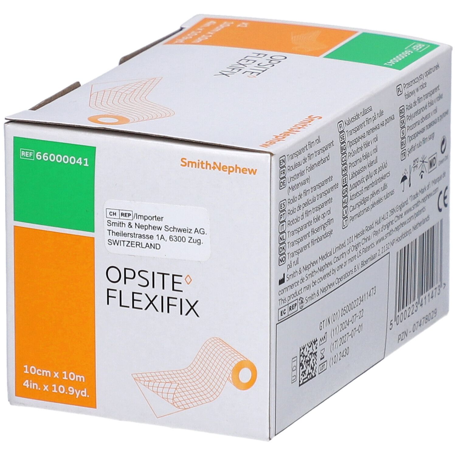 Emballage OPSITE FLEXIFIX. Inscription: 10cm x 10m, Smith+Nephew. Boîte avec illustration et zones vertes/oranges.