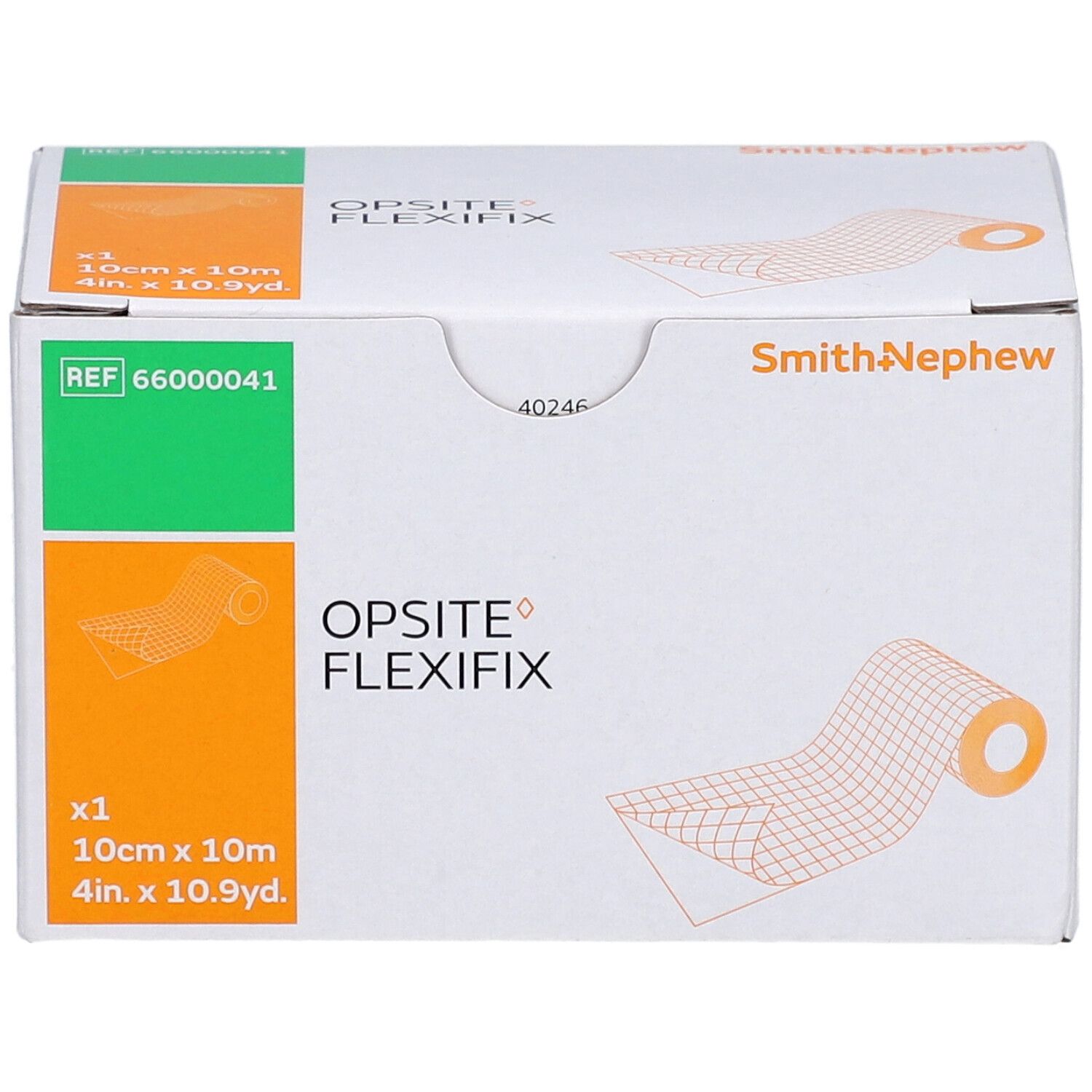 Emballage OPSITE FLEXIFIX. Inscription: 10cm x 10m, Smith+Nephew. Boîte avec illustration et zones vertes/oranges.