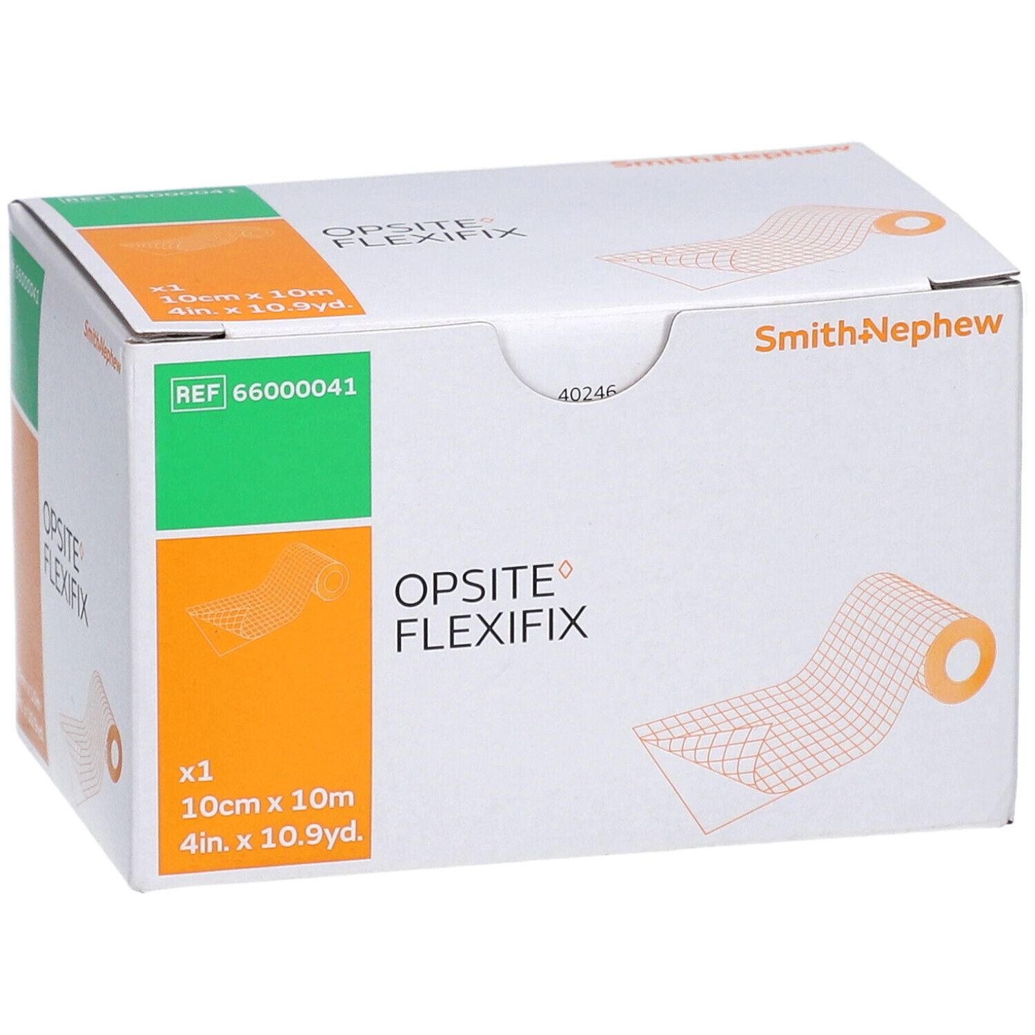Emballage OPSITE FLEXIFIX. Inscription: 10cm x 10m, Smith+Nephew. Boîte avec illustration et zones vertes/oranges.