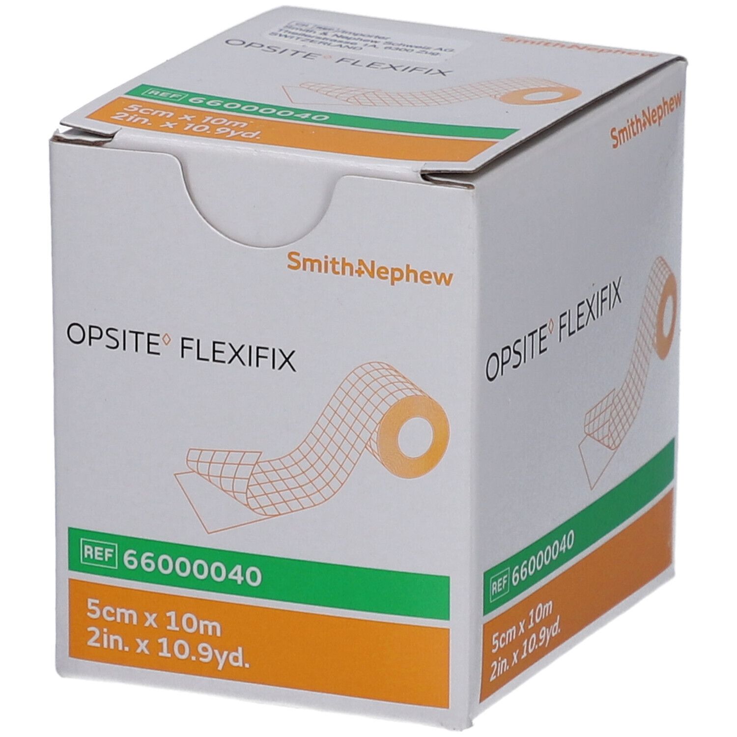 Opsite Flexifix-Verpackung. Weißer Karton mit orangefarbenen Akzenten. Produktname und Größe deutlich sichtbar.