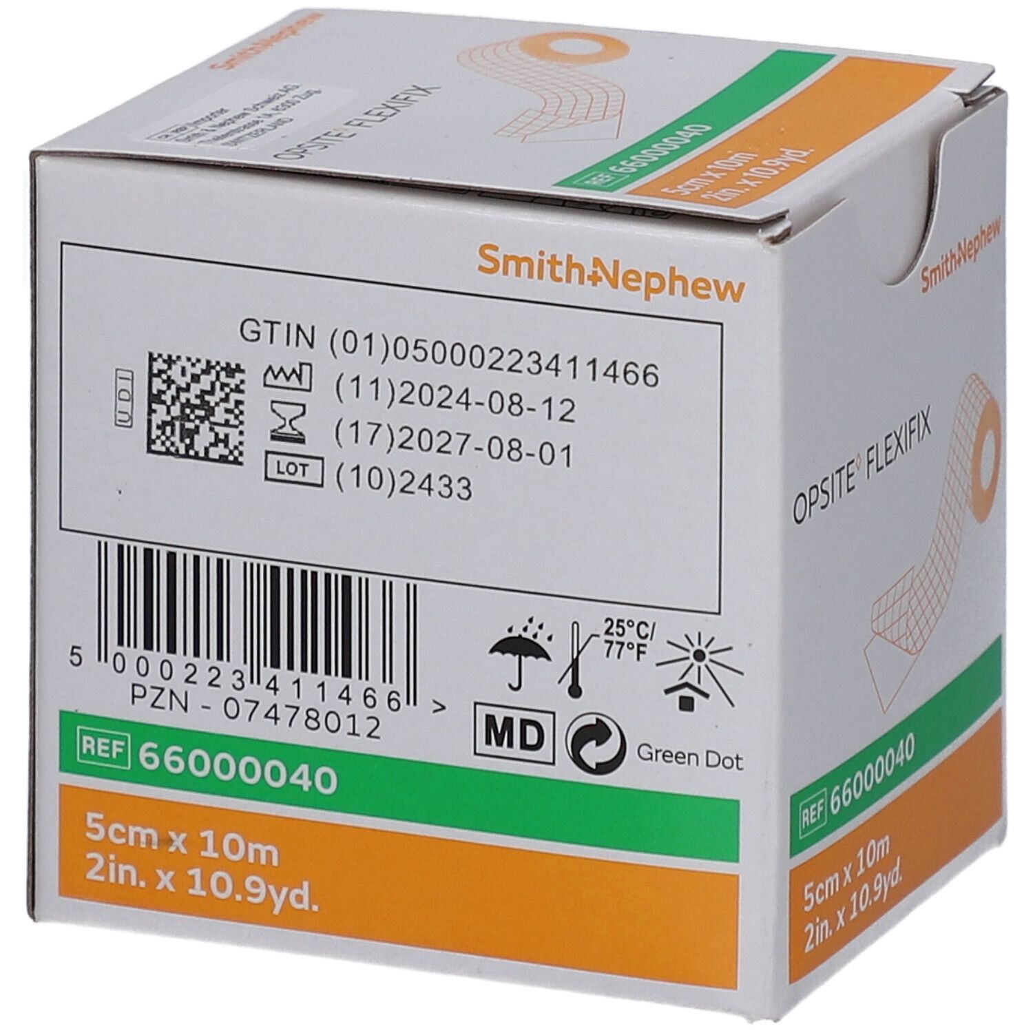 Opsite Flexifix-Verpackung. Rückseite mit Produktinformationen, Barcode und Haltbarkeitsdatum. Grüne Akzente.