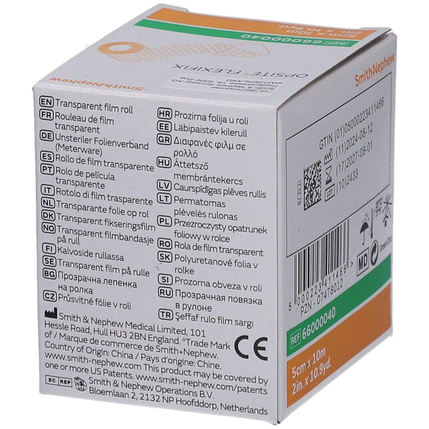 Opsite Flexifix-Verpackung. Mehrsprachige Produktbeschreibungen. CE-Kennzeichnung. Rückseite mit Text.