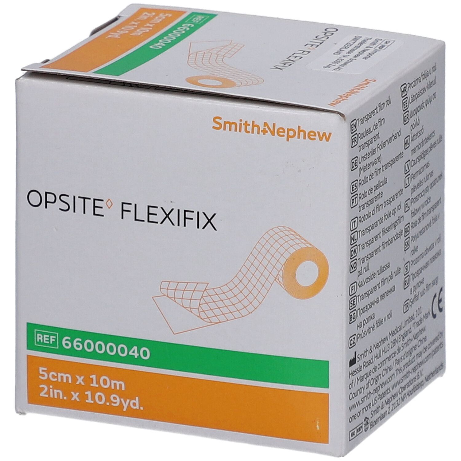 Opsite Flexifix-Verpackung. Weißer Karton mit orangefarbenen Akzenten. Produktname und Größe deutlich sichtbar.