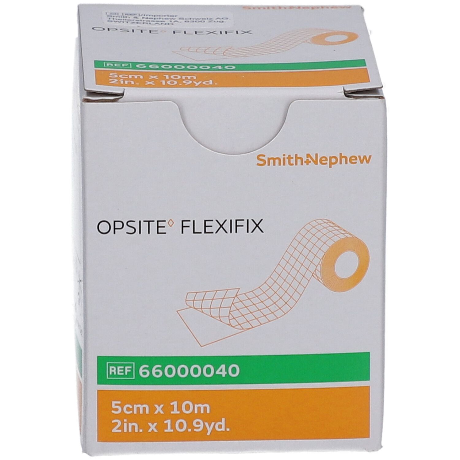 Opsite Flexifix-Verpackung. Weißer Karton mit orangefarbenen Akzenten. Produktname und Größe deutlich sichtbar.