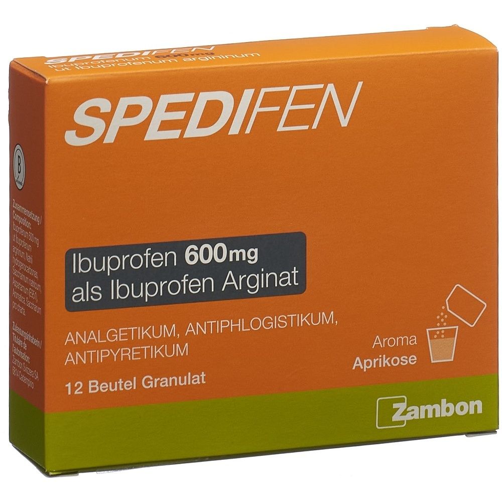 Kartonverpackung mit SPEDIFEN-Schriftzug. Orange-grüne Farbgebung. Text mit Produktinformationen. Sanofi-Logo.